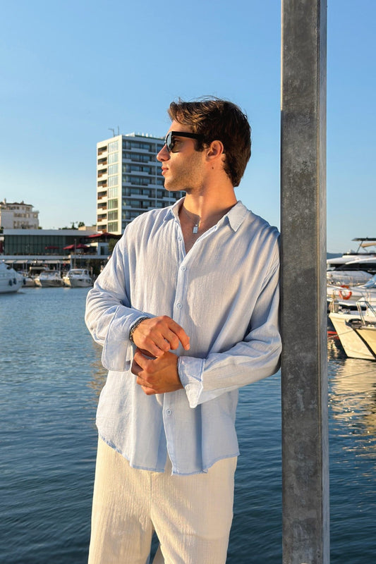 Basic Oversize Blue Raw Linen Shirt