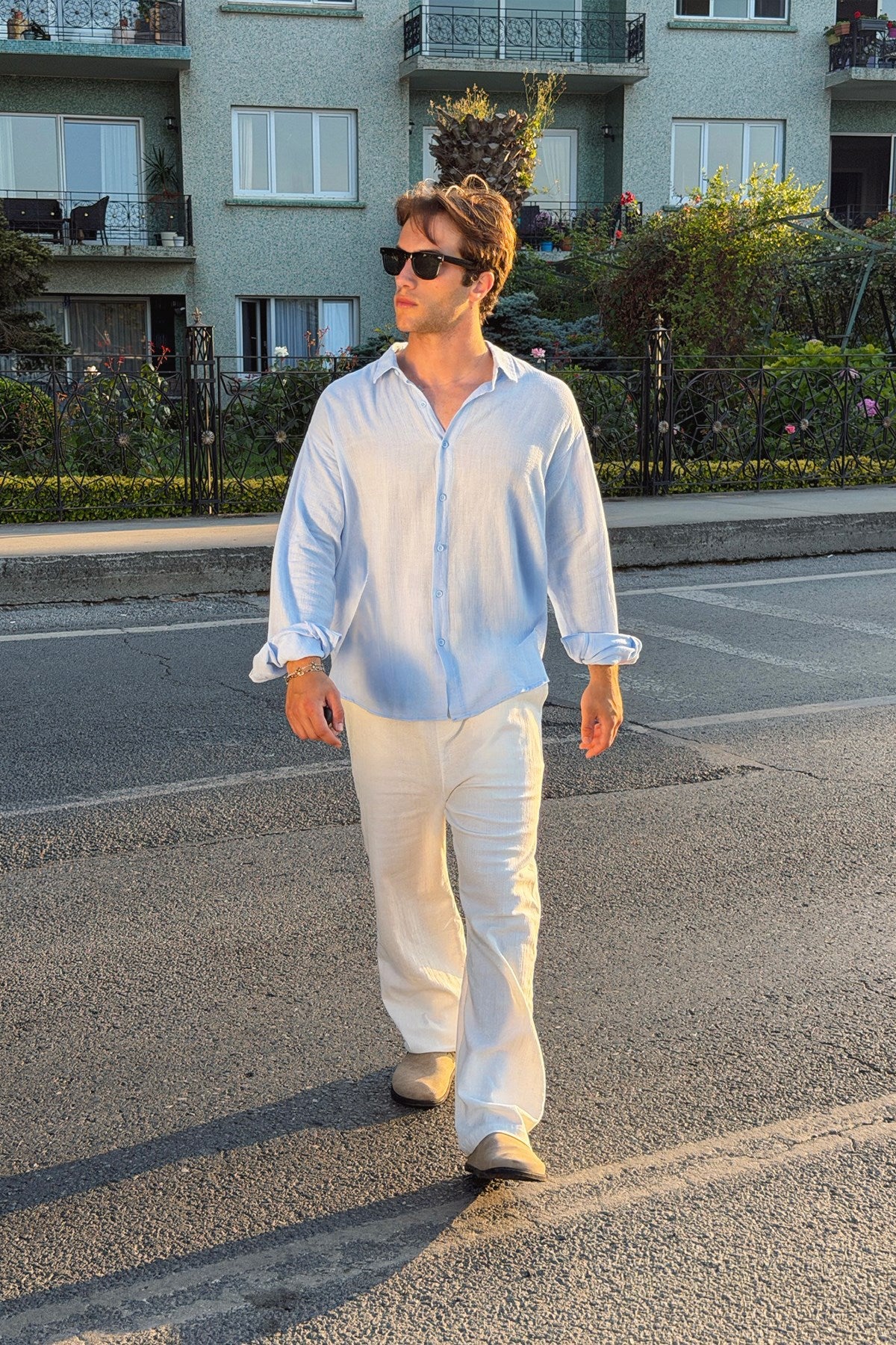 Basic Oversize Blue Raw Linen Shirt