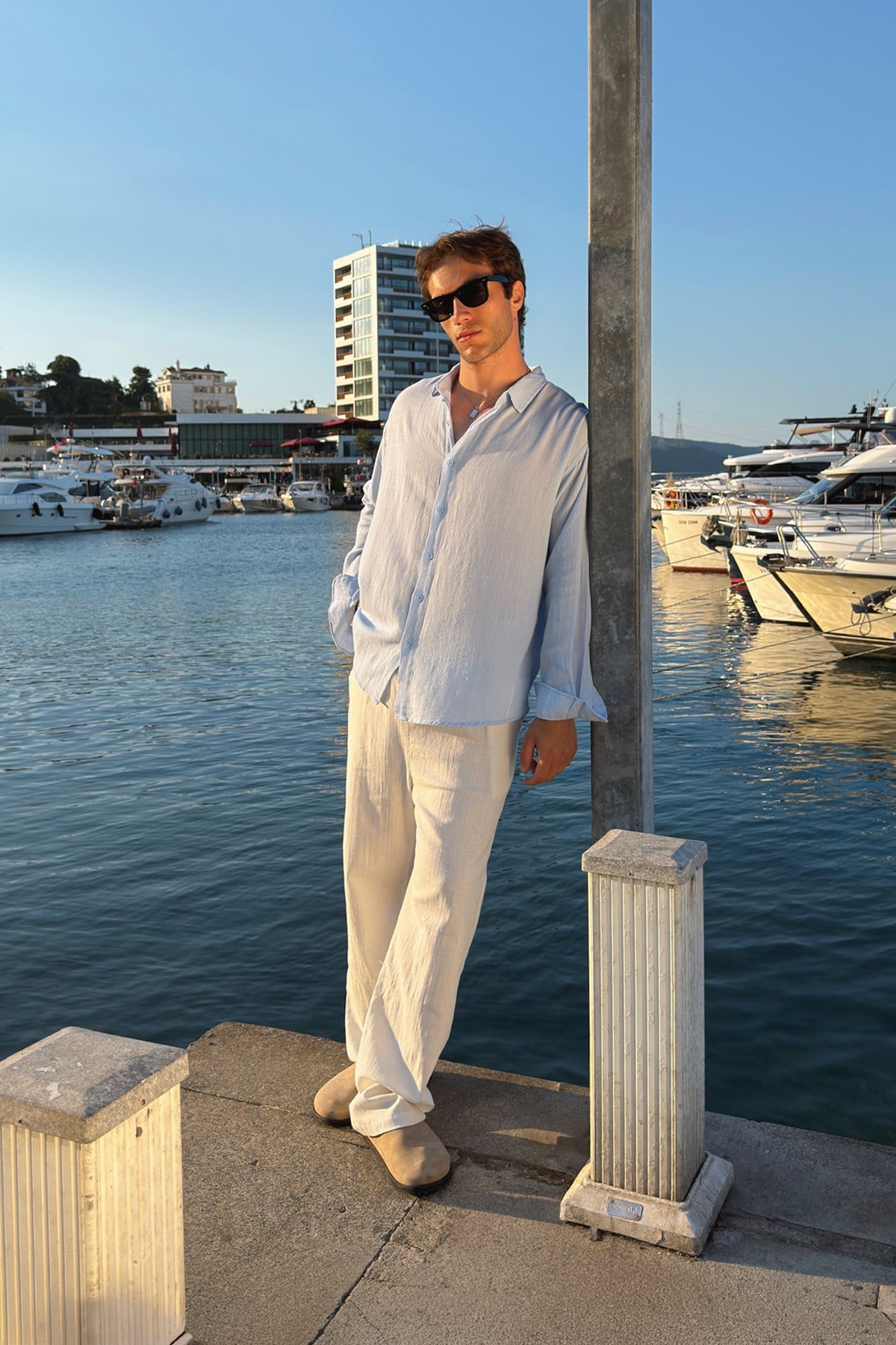 Basic Oversize Blue Raw Linen Shirt