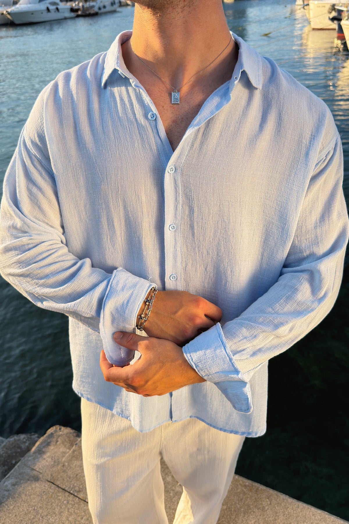Basic Oversize Blue Raw Linen Shirt