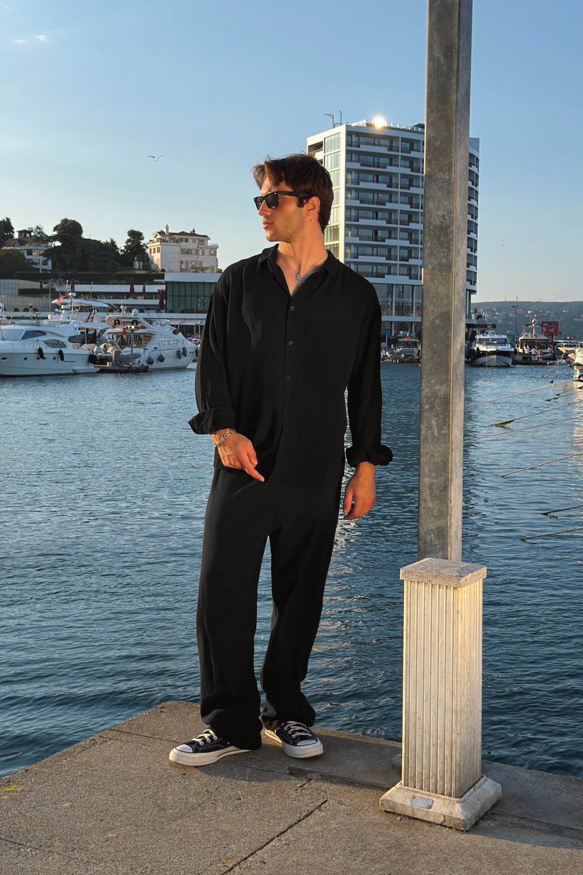 Basic Oversize Black Raw Linen Shirt