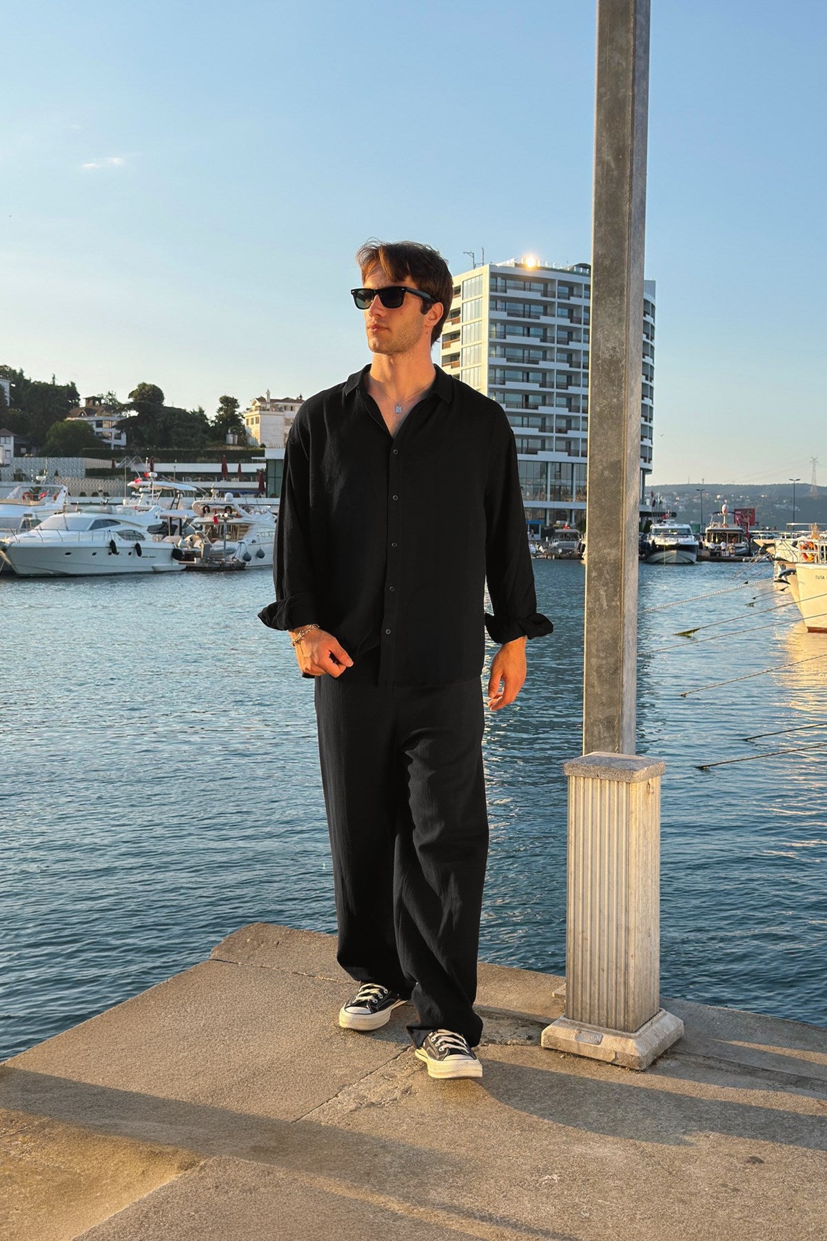 Basic Oversize Black Raw Linen Shirt