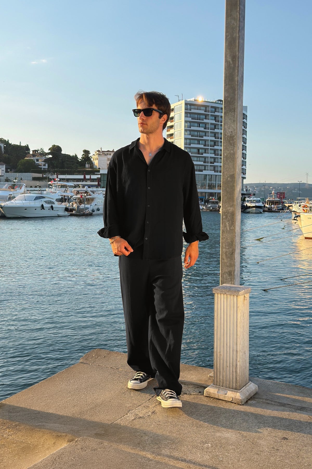 Basic Oversize Black Raw Linen Shirt
