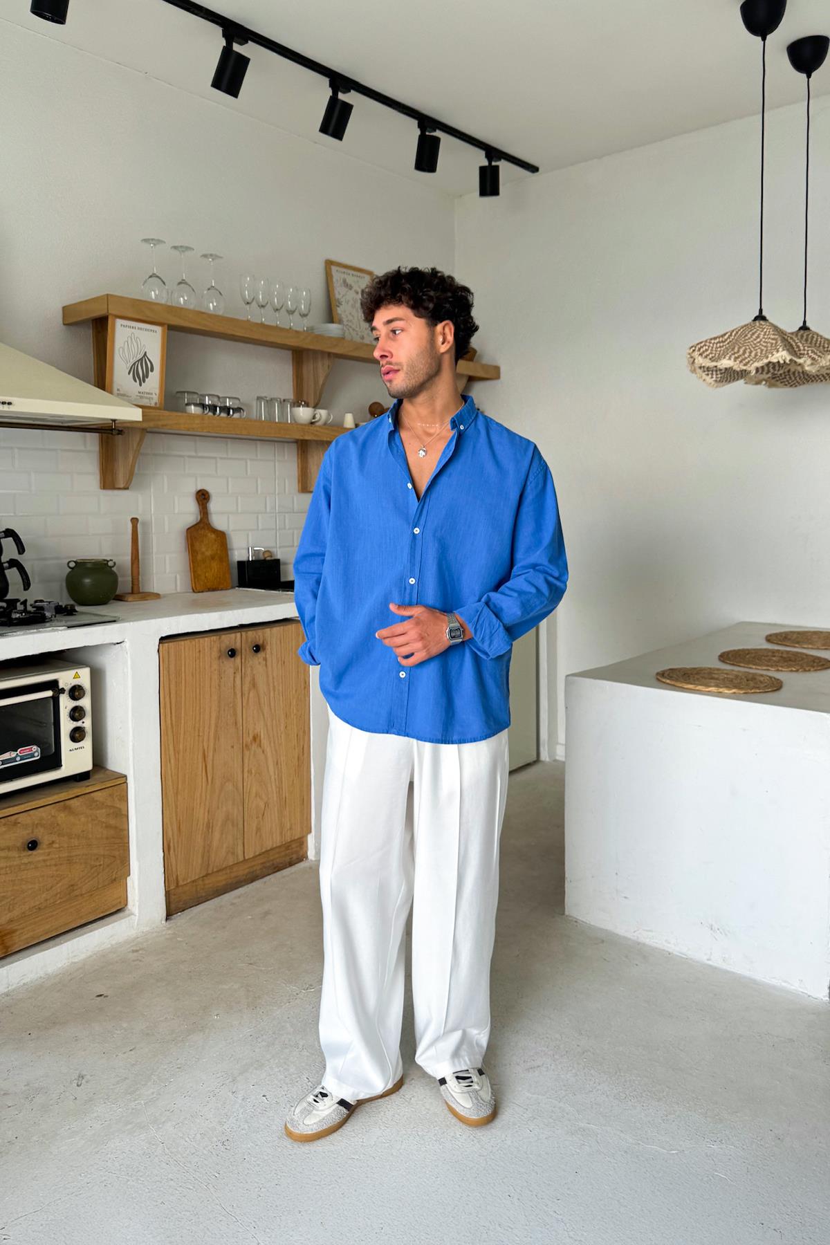 Basic Linen Shirt, Royal Blue