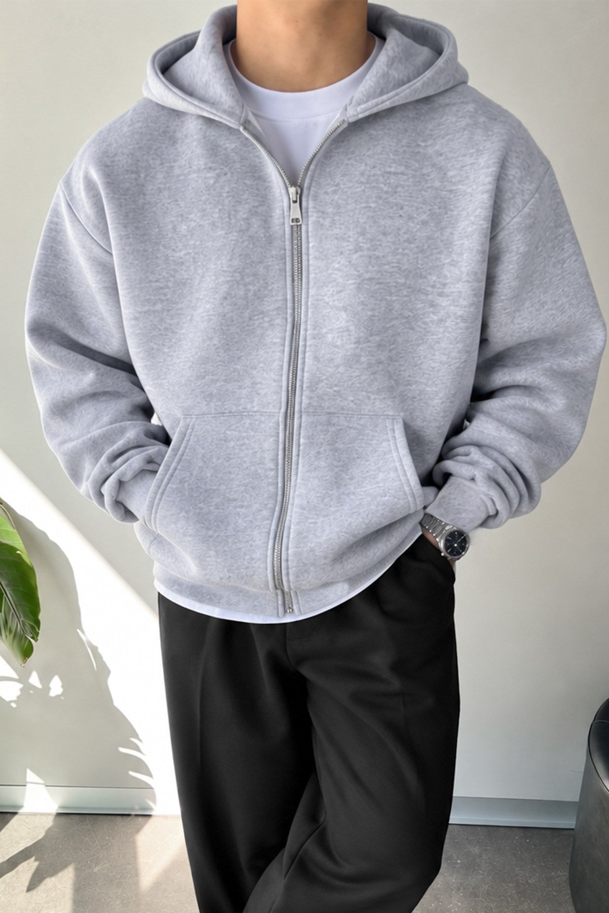 Basic Zip Hoodie Grey Melange