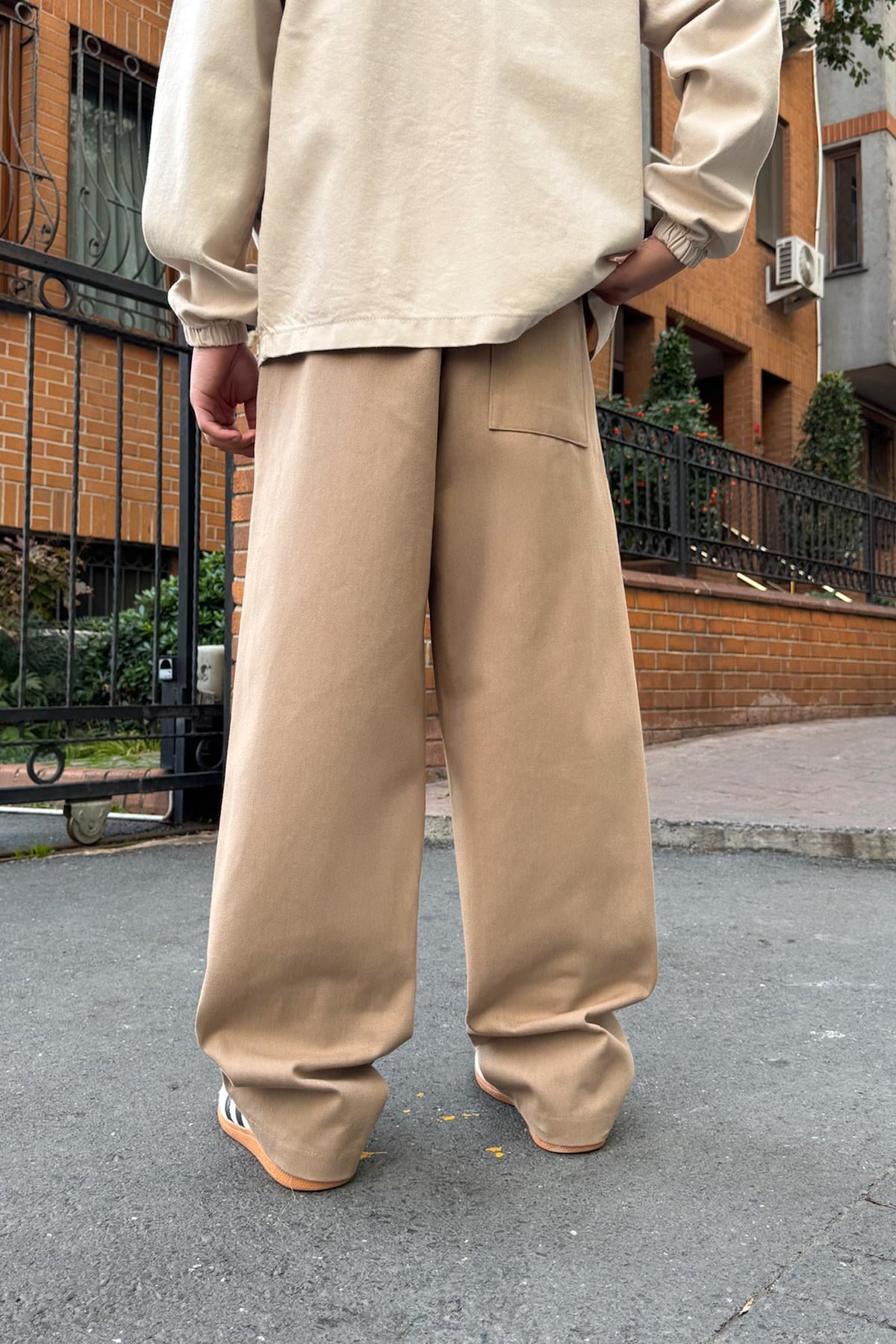 Baggy Gabardine Trousers with Elastic Waistband, Mink Color