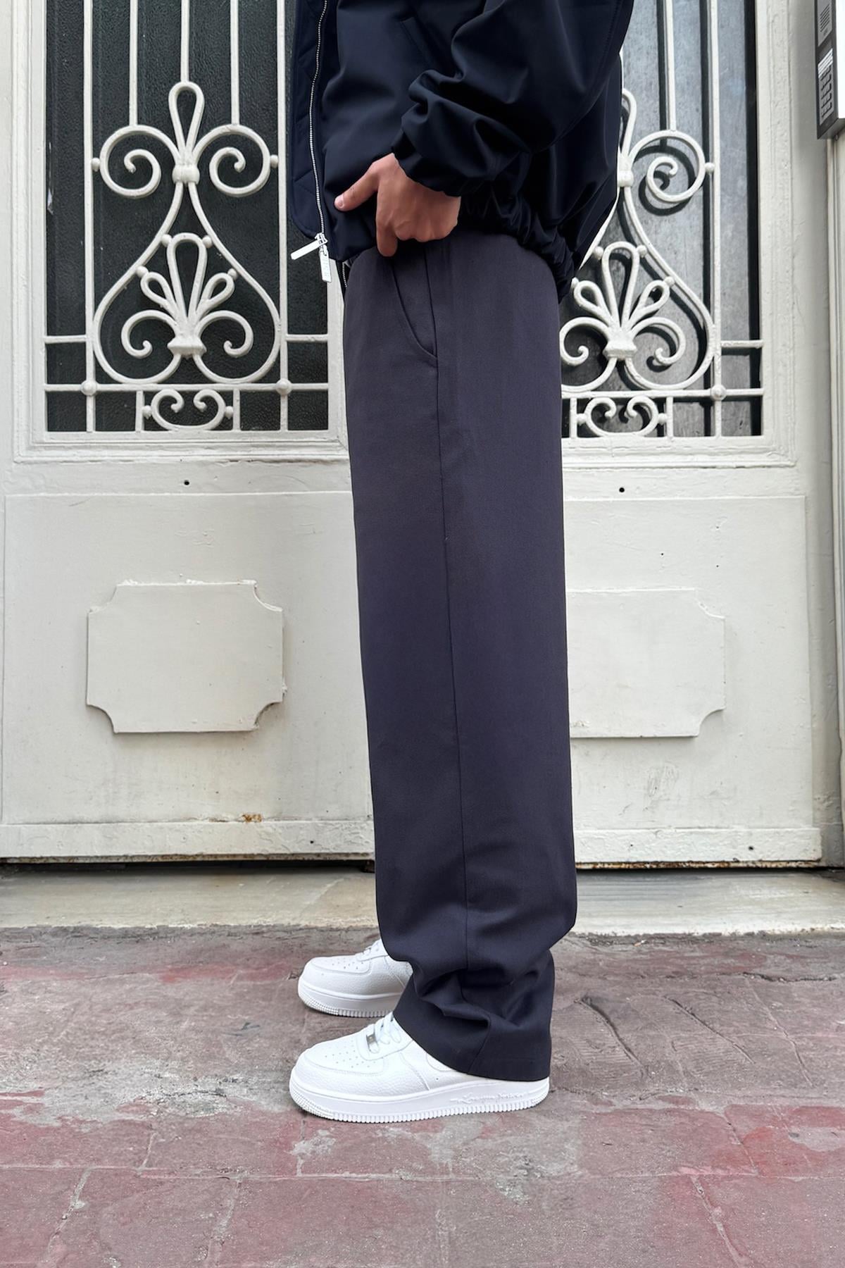 Baggy Gabardine Trousers with Elastic Waistband, Smoke Grey