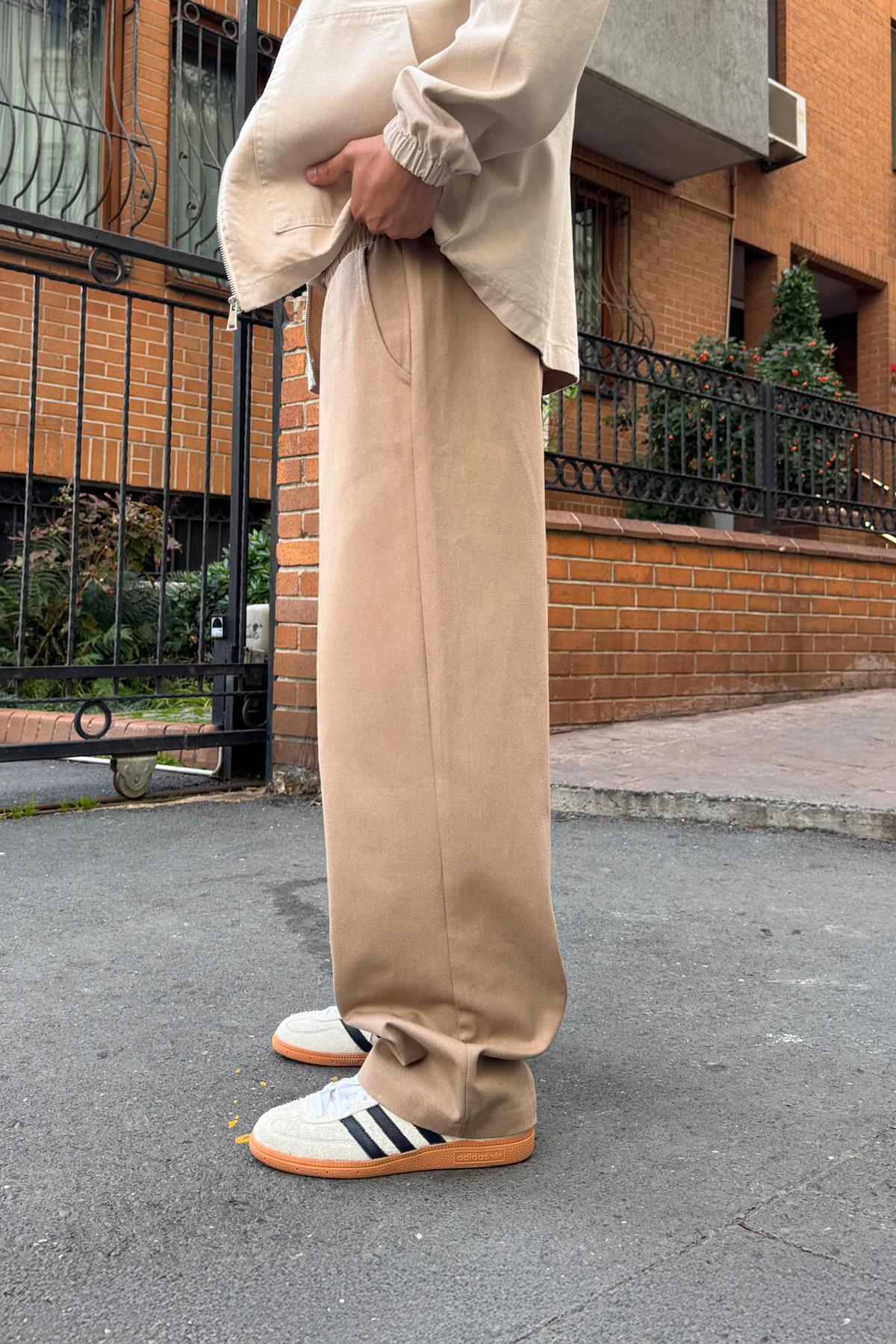 Baggy Gabardine Trousers with Elastic Waistband, Mink Color
