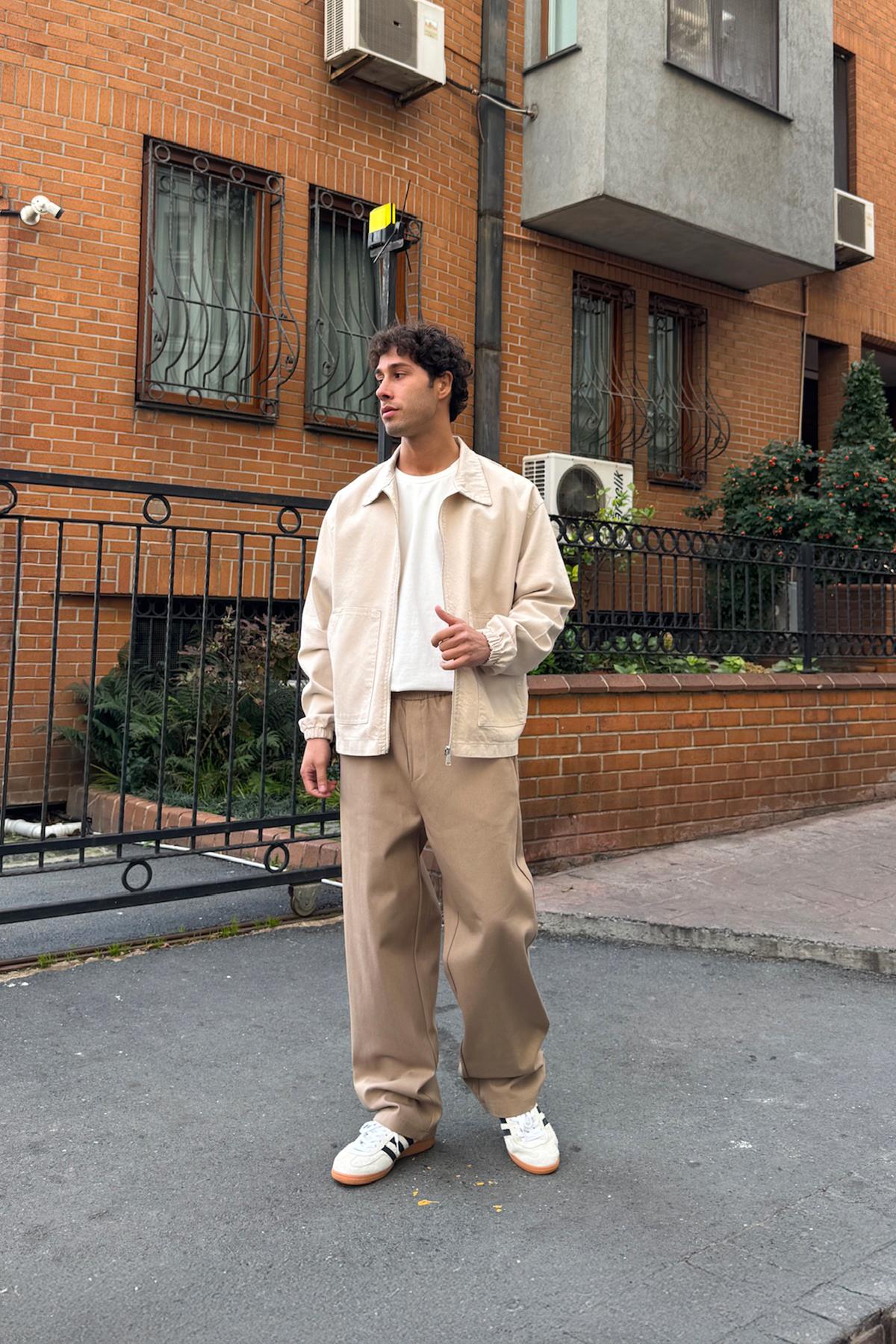 Baggy Gabardine Trousers with Elastic Waistband, Mink Color