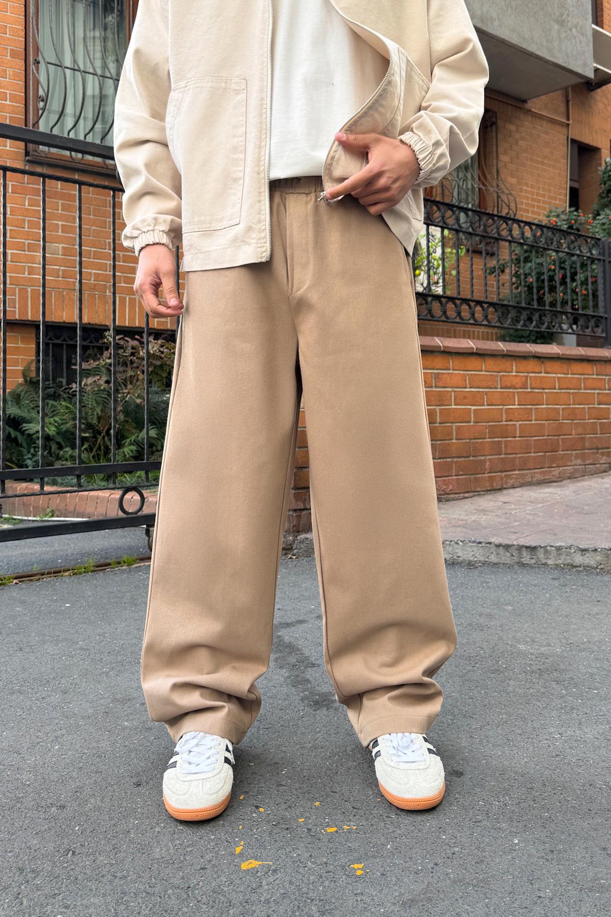 Baggy Gabardine Trousers with Elastic Waistband, Mink Color