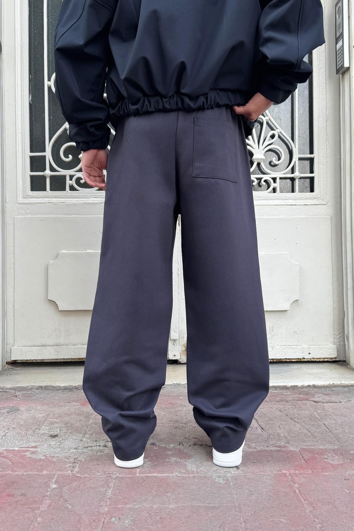 Baggy Gabardine Trousers with Elastic Waistband, Smoke Grey