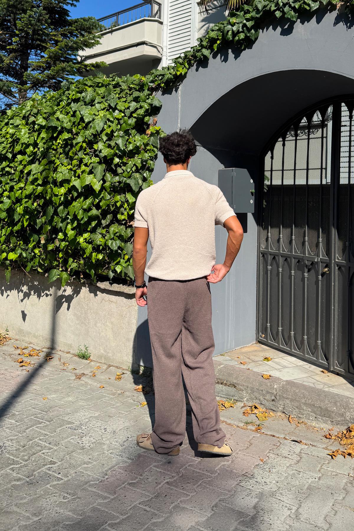 Basic Knitted Trousers with Elastic Waistband, Brown