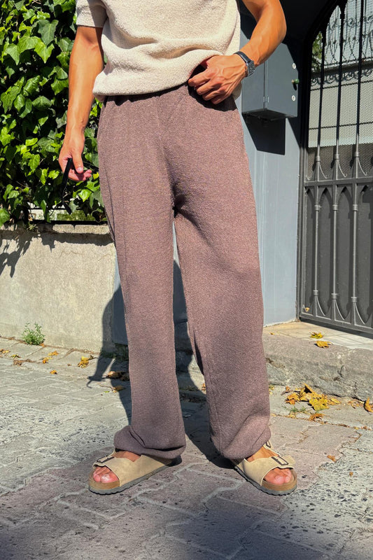 Basic Knitted Trousers with Elastic Waistband, Brown