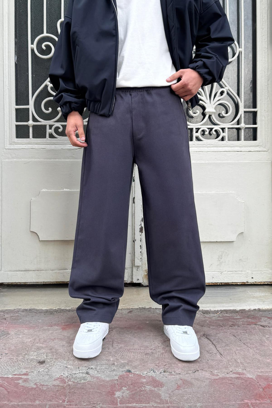 Baggy Gabardine Trousers with Elastic Waistband, Smoke Grey