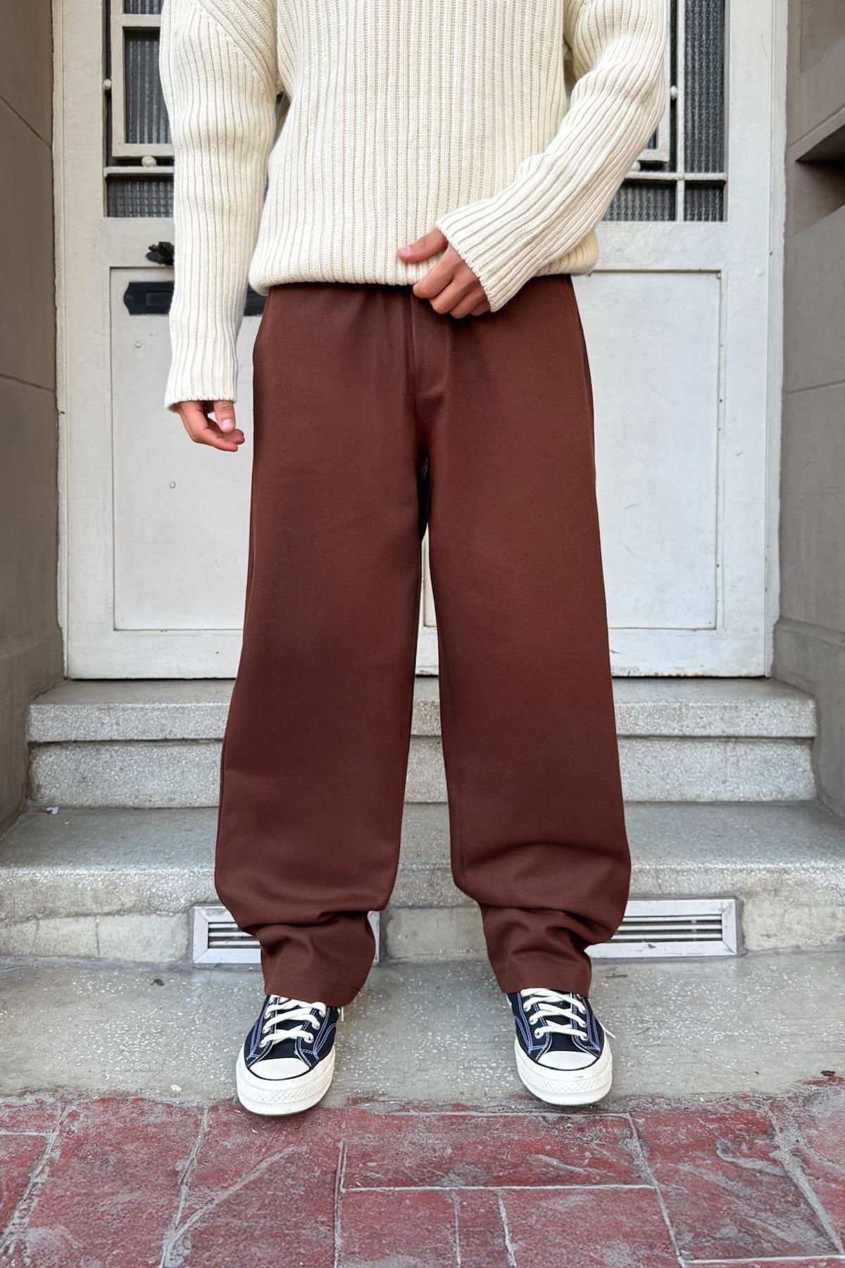 Baggy Gabardine Trousers with Elastic Waistband, Brown