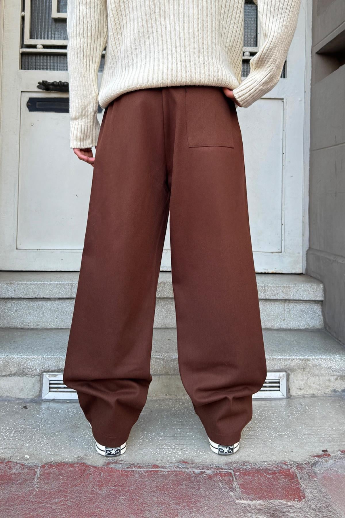 Baggy Gabardine Trousers with Elastic Waistband, Brown