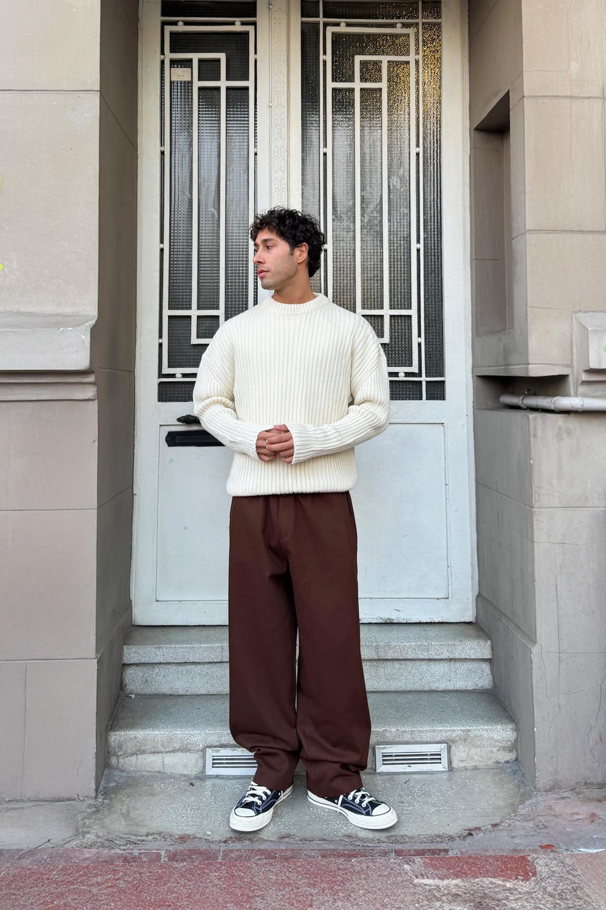Baggy Gabardine Trousers with Elastic Waistband, Brown