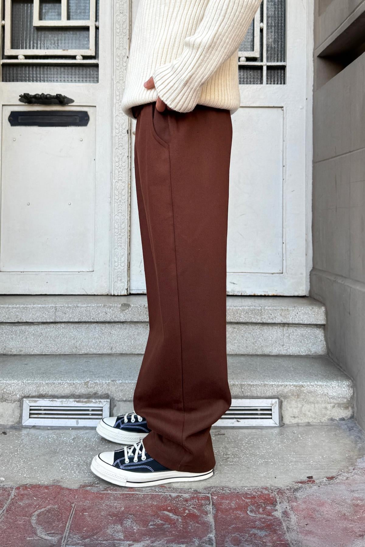 Baggy Gabardine Trousers with Elastic Waistband, Brown