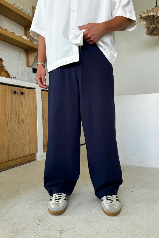 Navy Linen Baggy Pants with Elastic Waistband