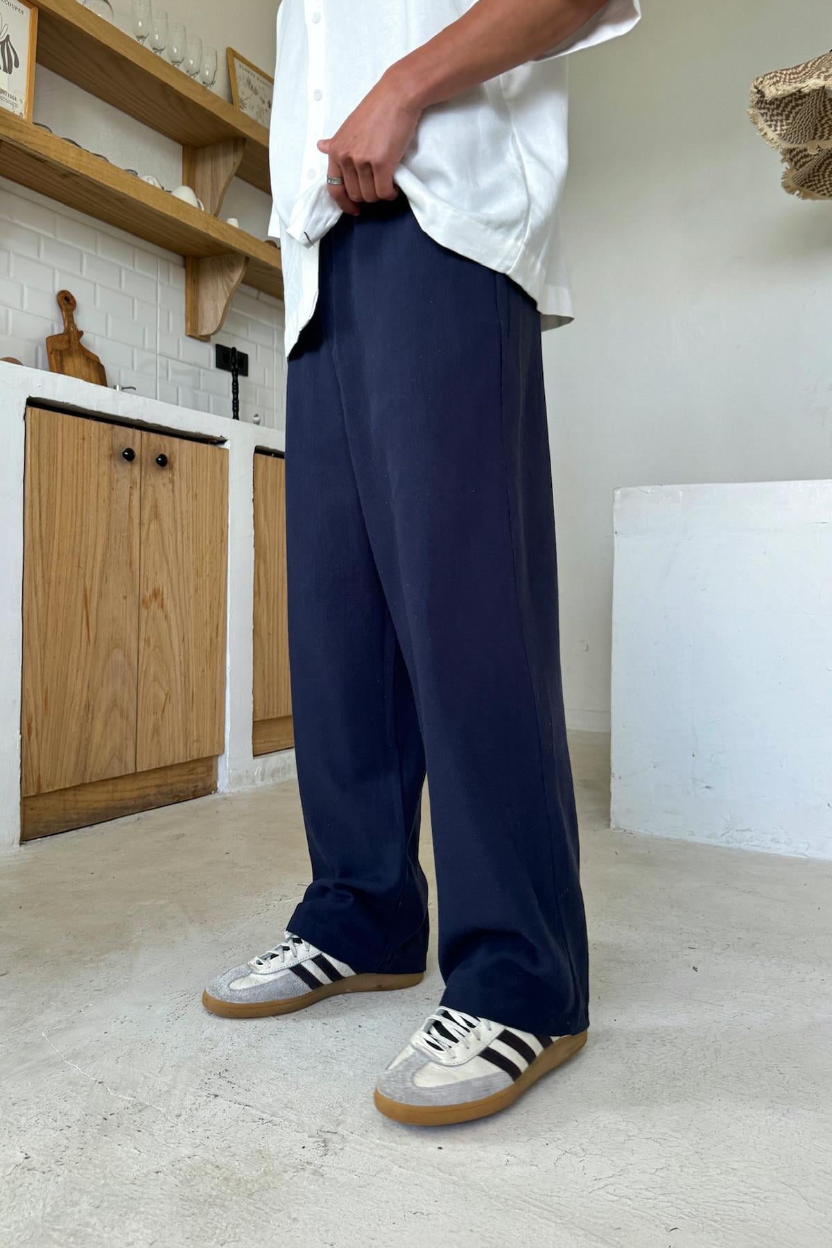 Navy Linen Baggy Pants with Elastic Waistband