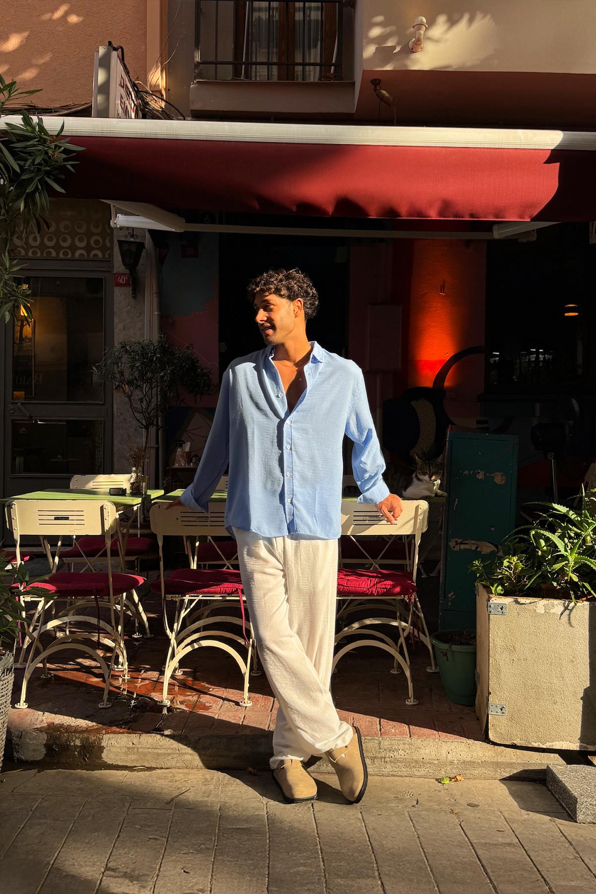 White Linen Trousers with Elastic Waistband