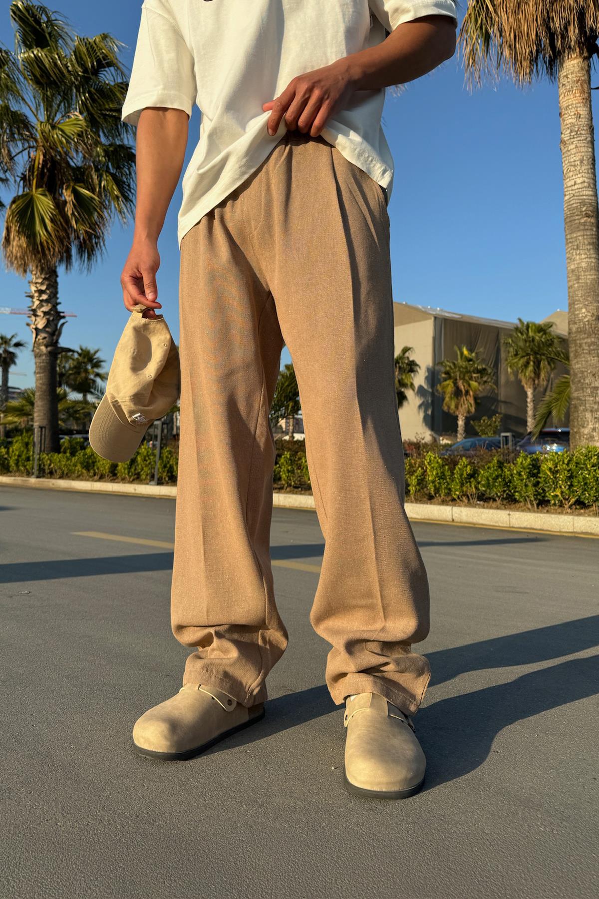 Linen Trousers with Elastic Waistband, Mink Color