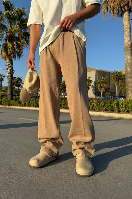 Linen Trousers with Elastic Waistband, Mink Color