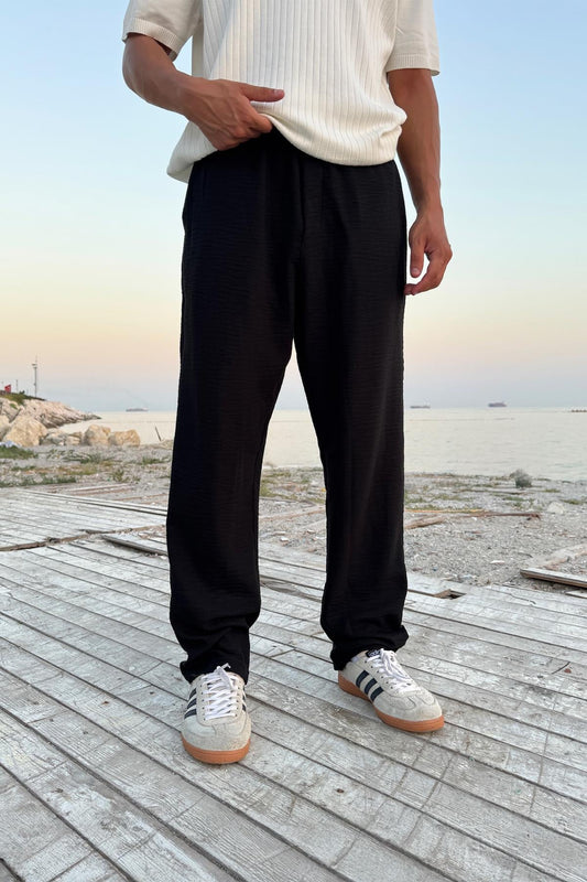 Linen Trousers with Elastic Waistband, Black
