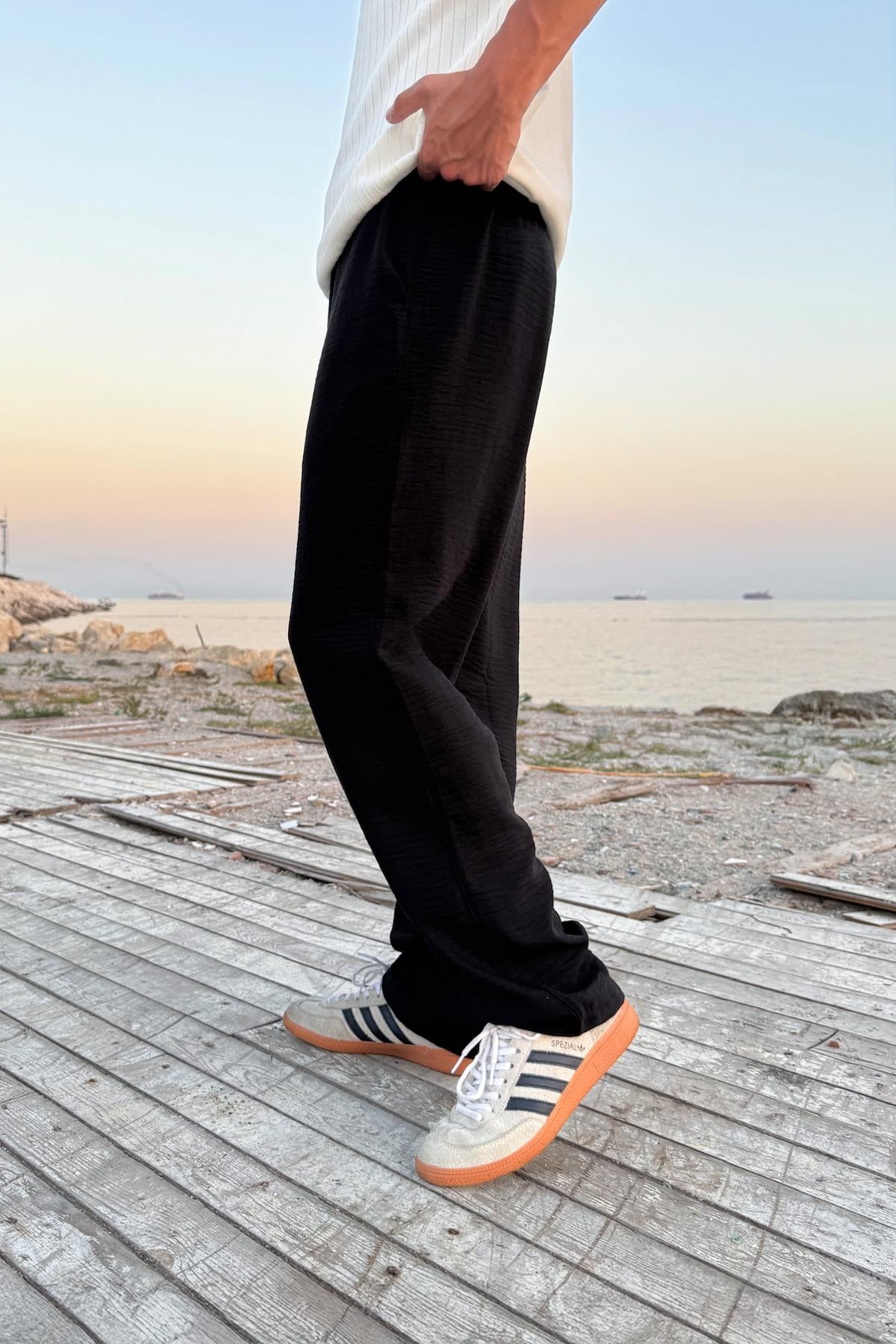 Linen Trousers with Elastic Waistband, Black