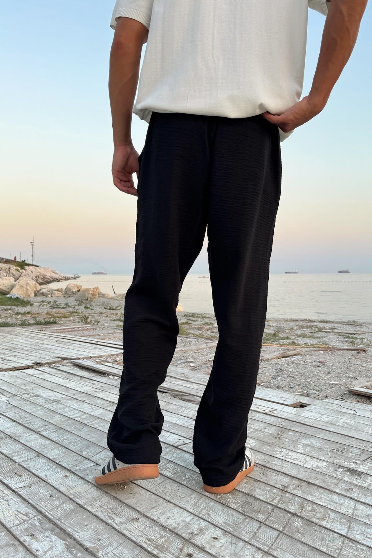 Linen Trousers with Elastic Waistband, Black
