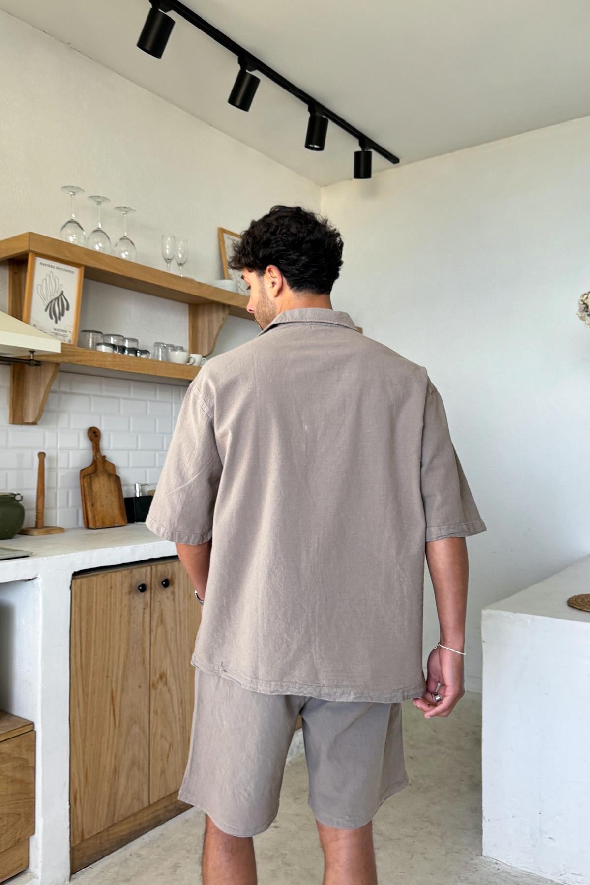 Milk Coffee Linen Shorts with Elastic Waistband, Brown