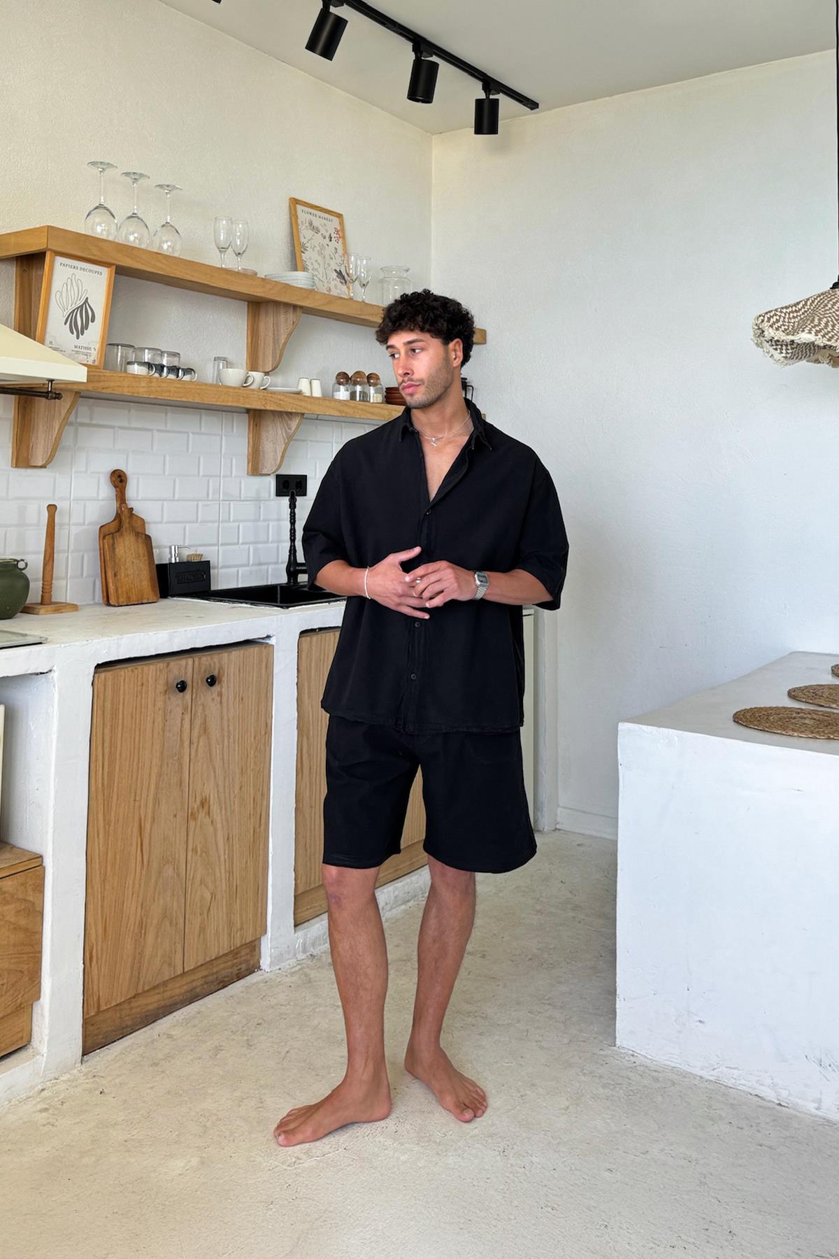 Linen Shorts with Elastic Waistband, Black