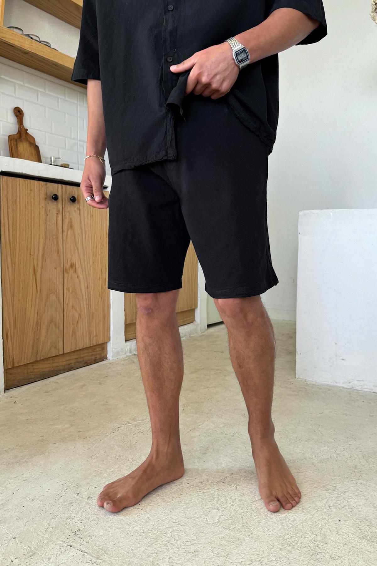 Linen Shorts with Elastic Waistband, Black