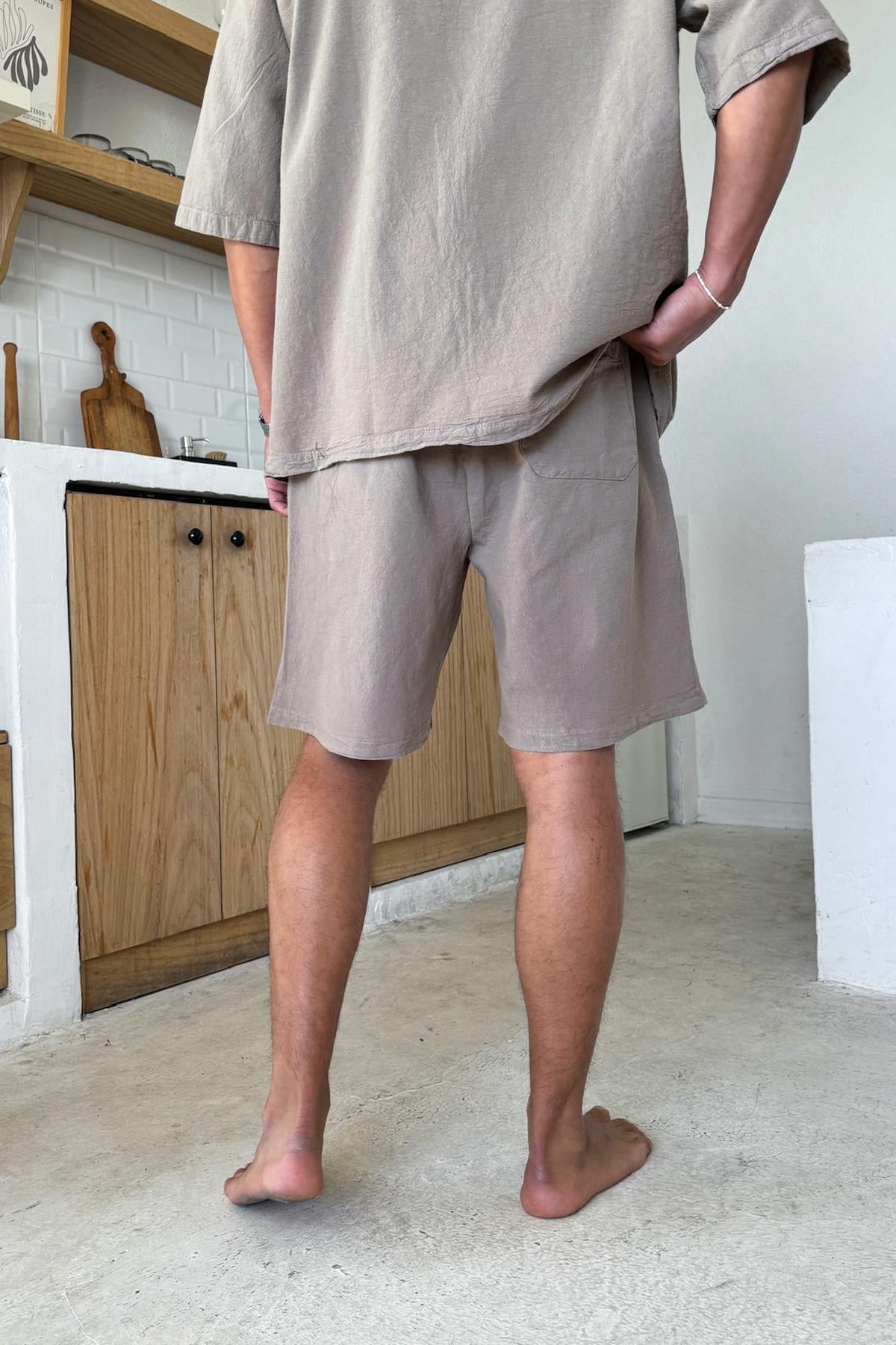 Milk Coffee Linen Shorts with Elastic Waistband, Brown