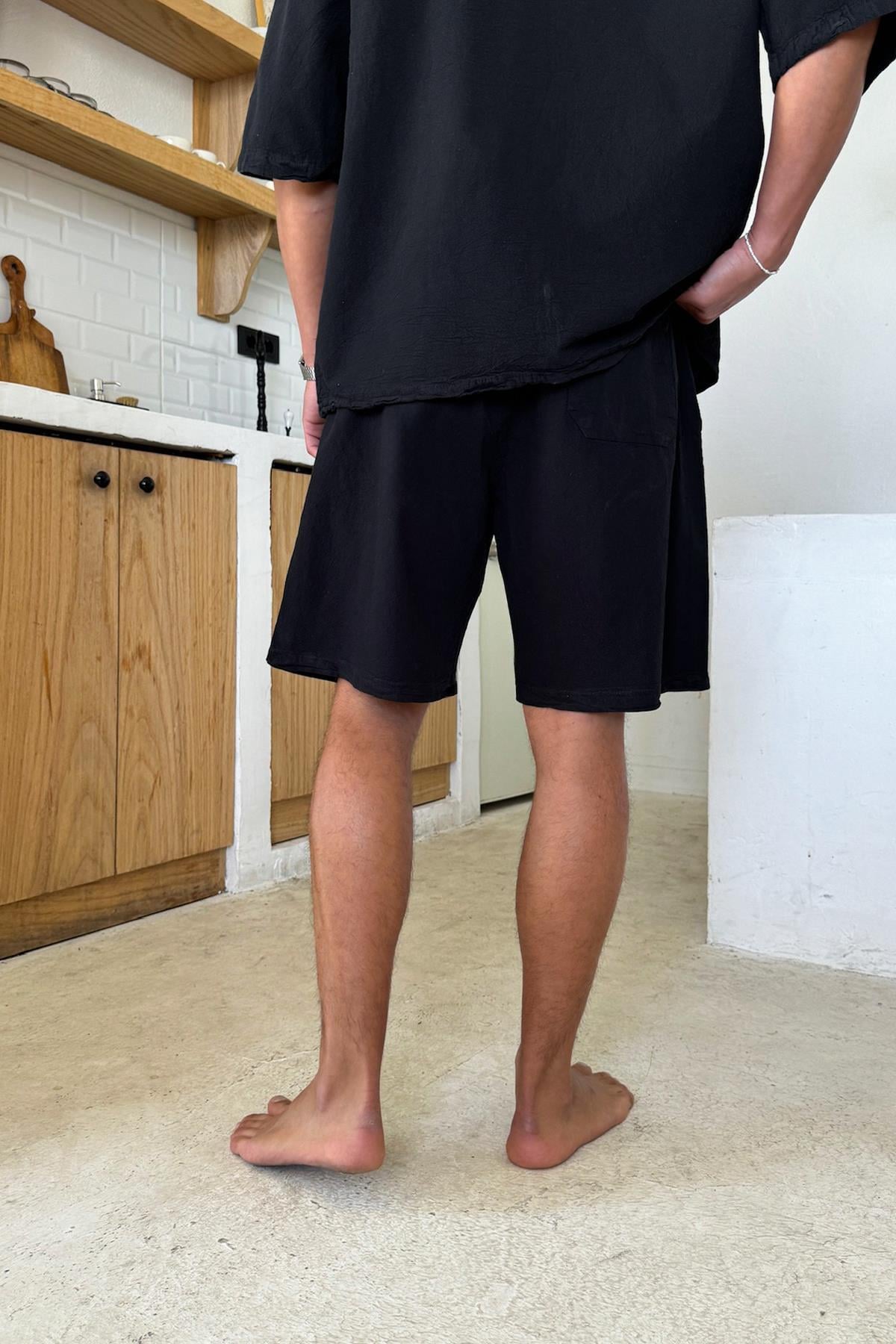 Linen Shorts with Elastic Waistband, Black