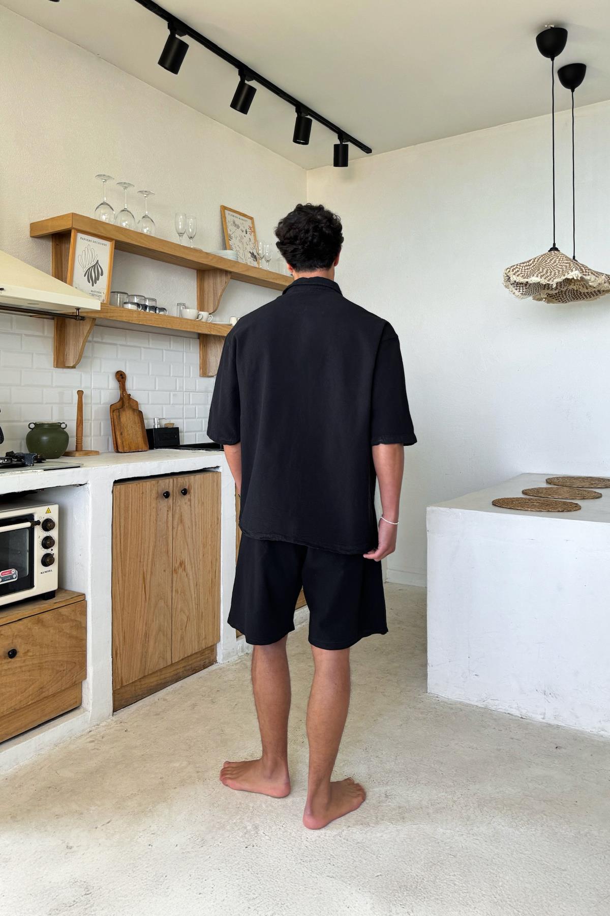 Linen Shorts with Elastic Waistband, Black