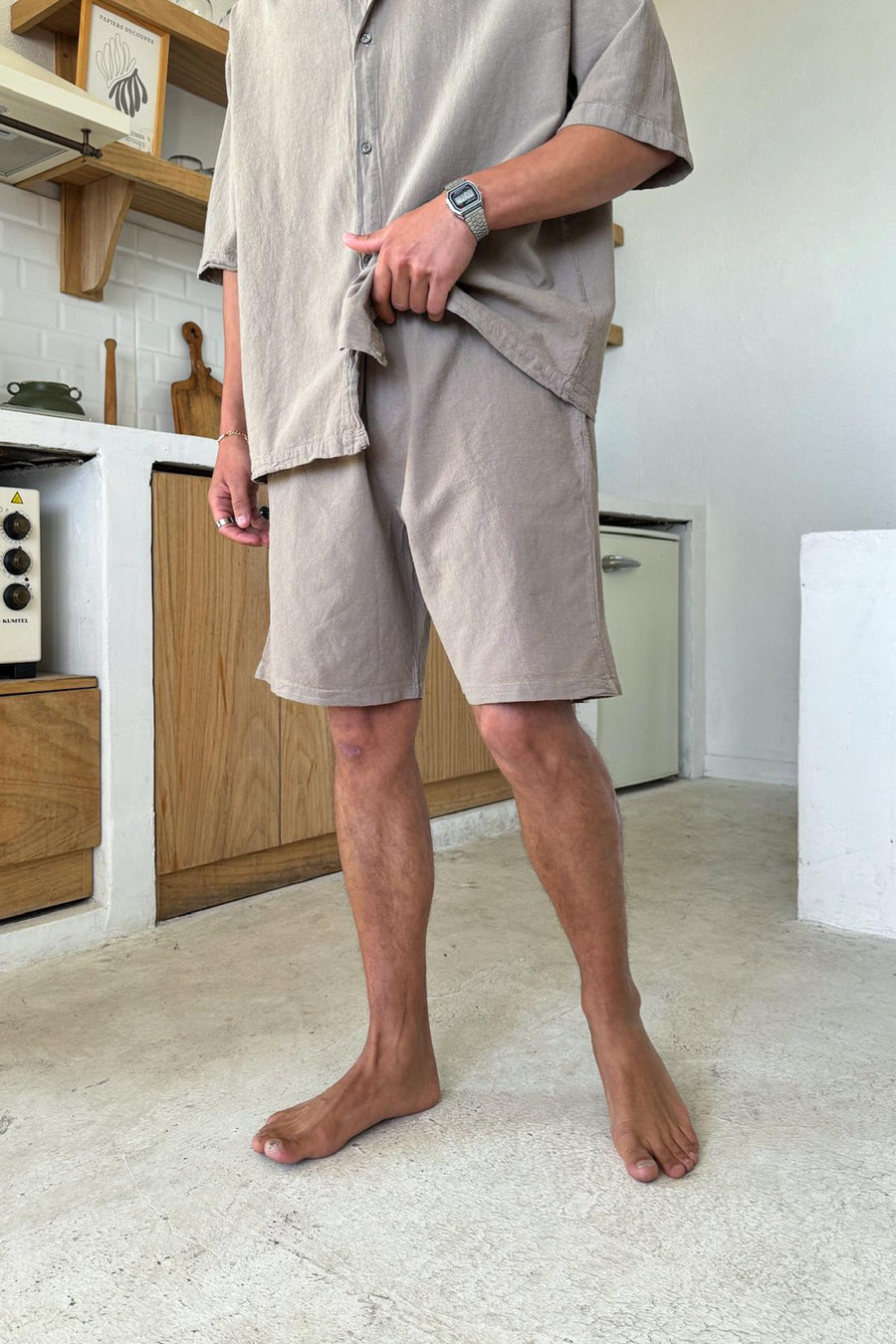 Milk Coffee Linen Shorts with Elastic Waistband, Brown