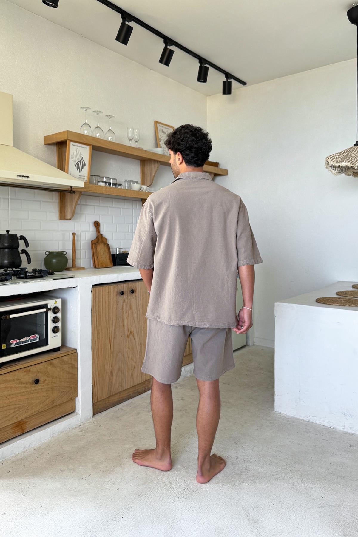 Milk Coffee Linen Shorts with Elastic Waistband, Brown