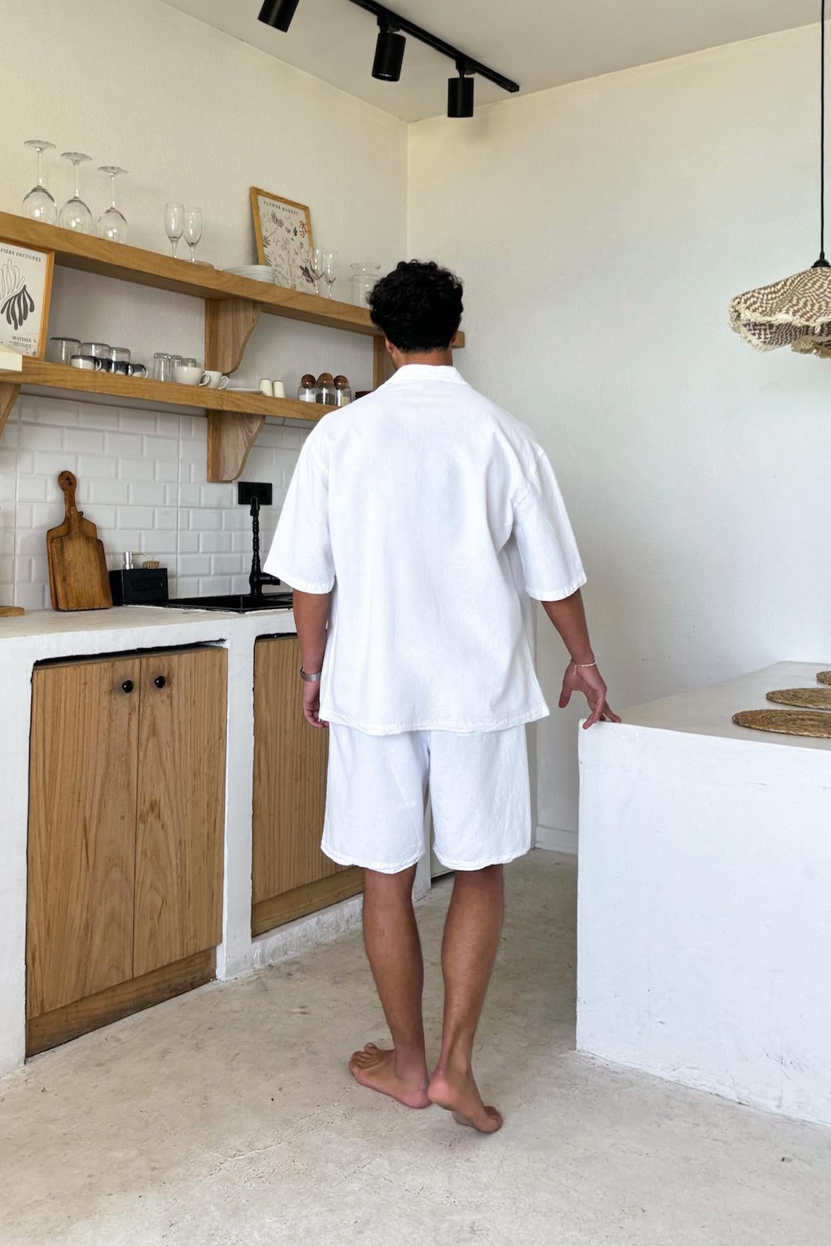 White Linen Shorts with Elastic Waistband
