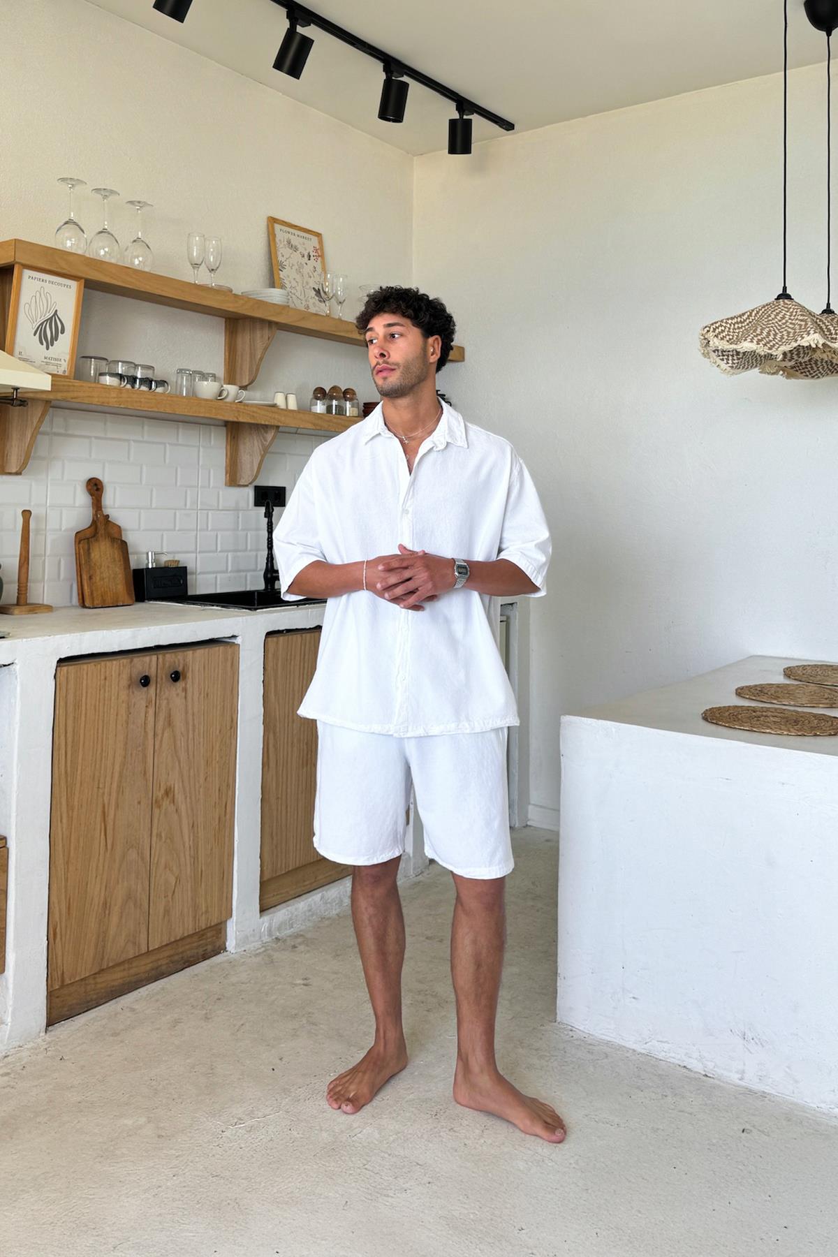 White Linen Shorts with Elastic Waistband