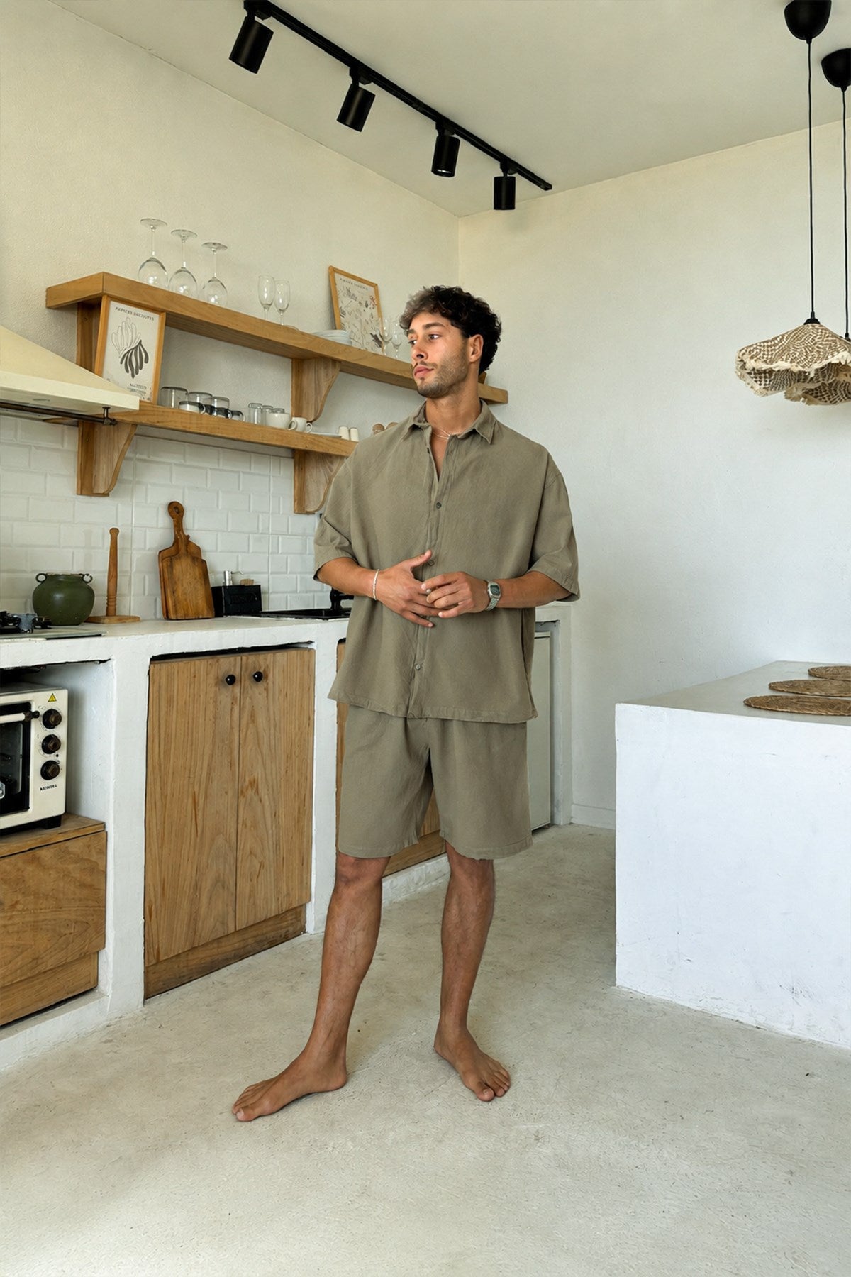 Linen Shorts with Elastic Waistband, Khaki
