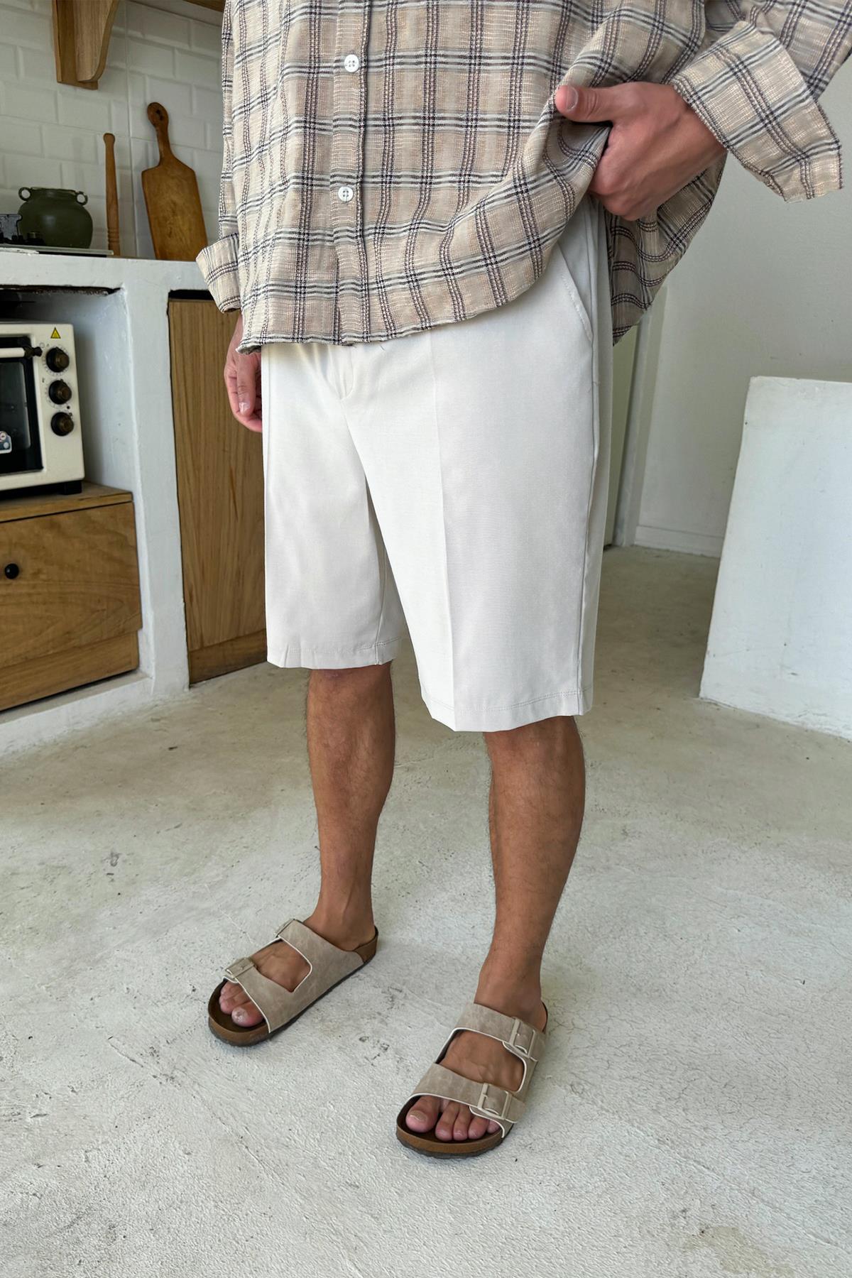 Fabric Shorts with Elastic Waistband, Stone Color