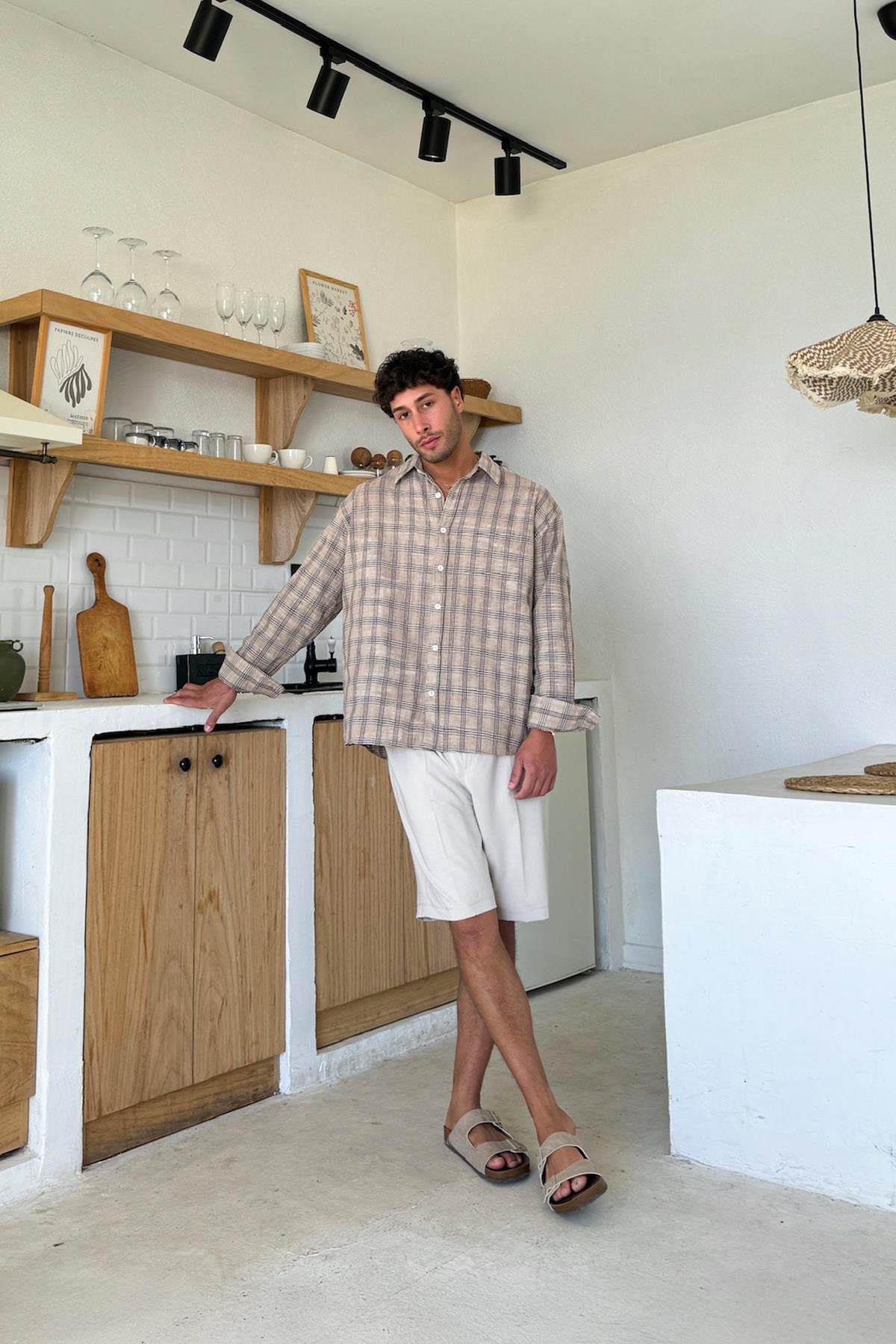 Fabric Shorts with Elastic Waistband, Stone Color