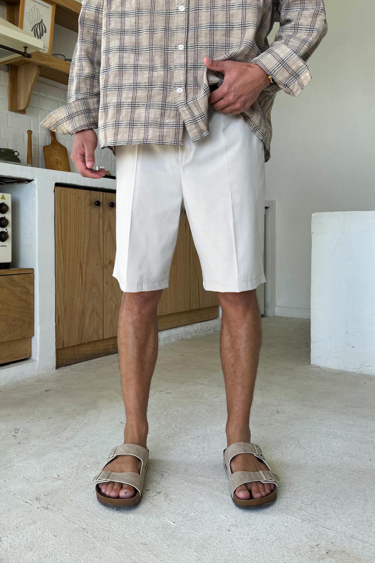 Fabric Shorts with Elastic Waistband, Stone Color