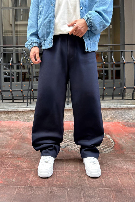 Navy Blue Baggy Gabardine Trousers with Elastic Waistband