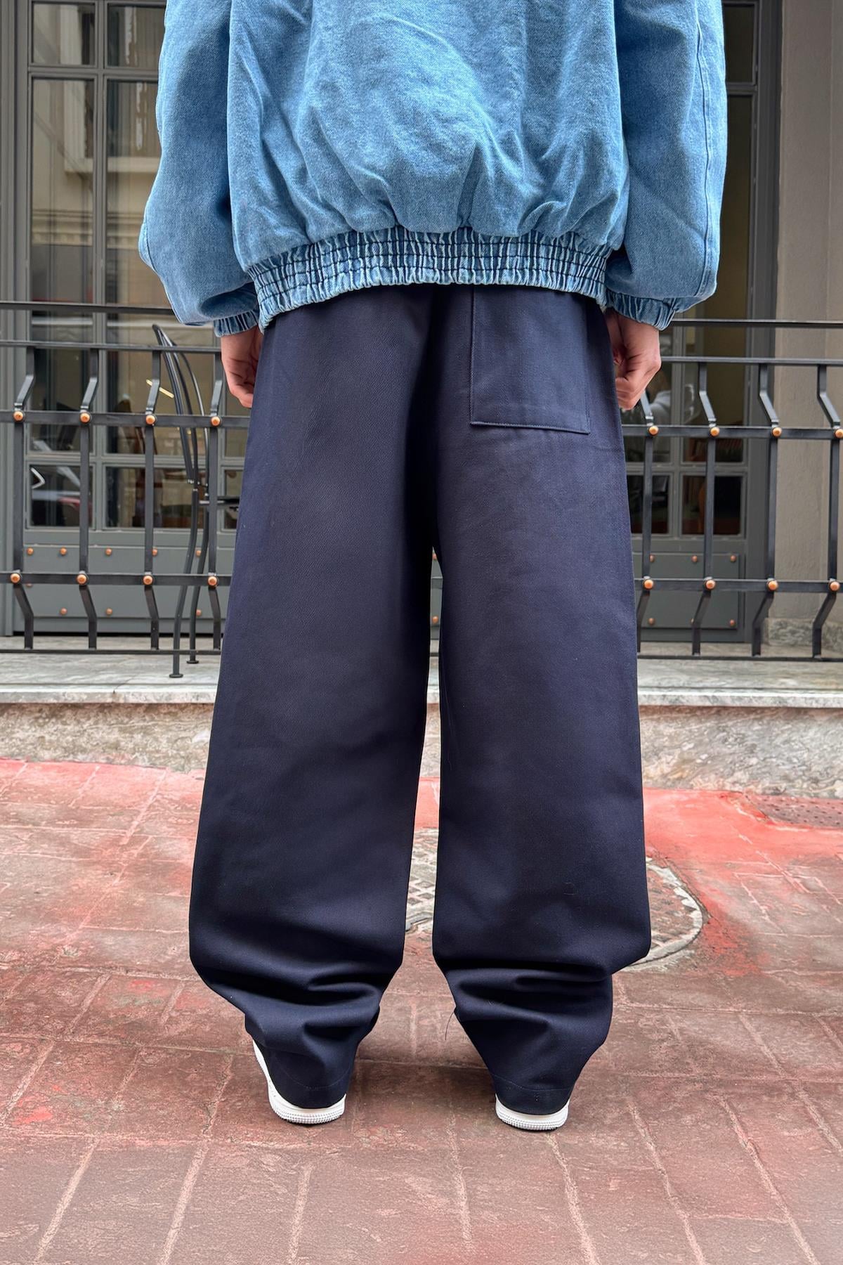 Navy Blue Baggy Gabardine Trousers with Elastic Waistband