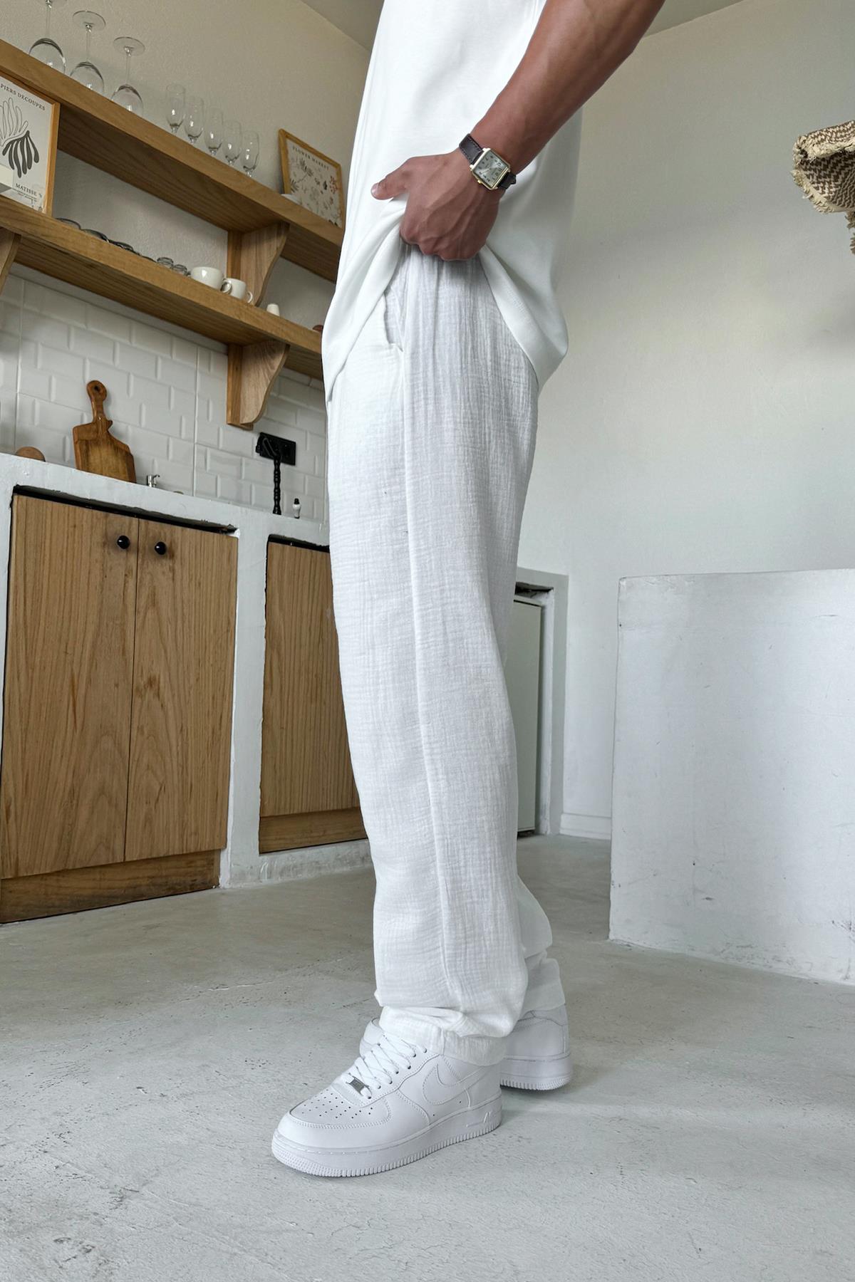 White Muslin Pants with Elastic Waistband