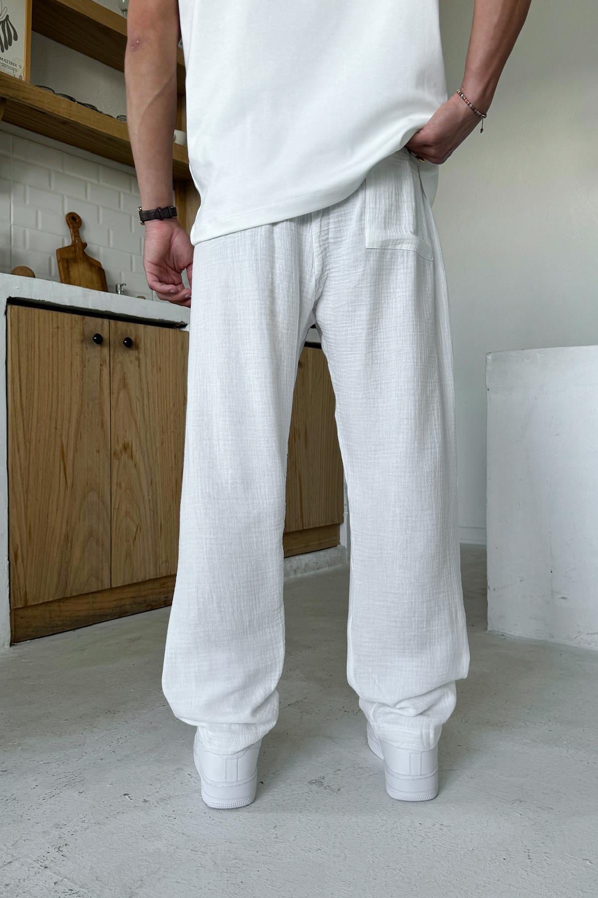 White Muslin Pants with Elastic Waistband