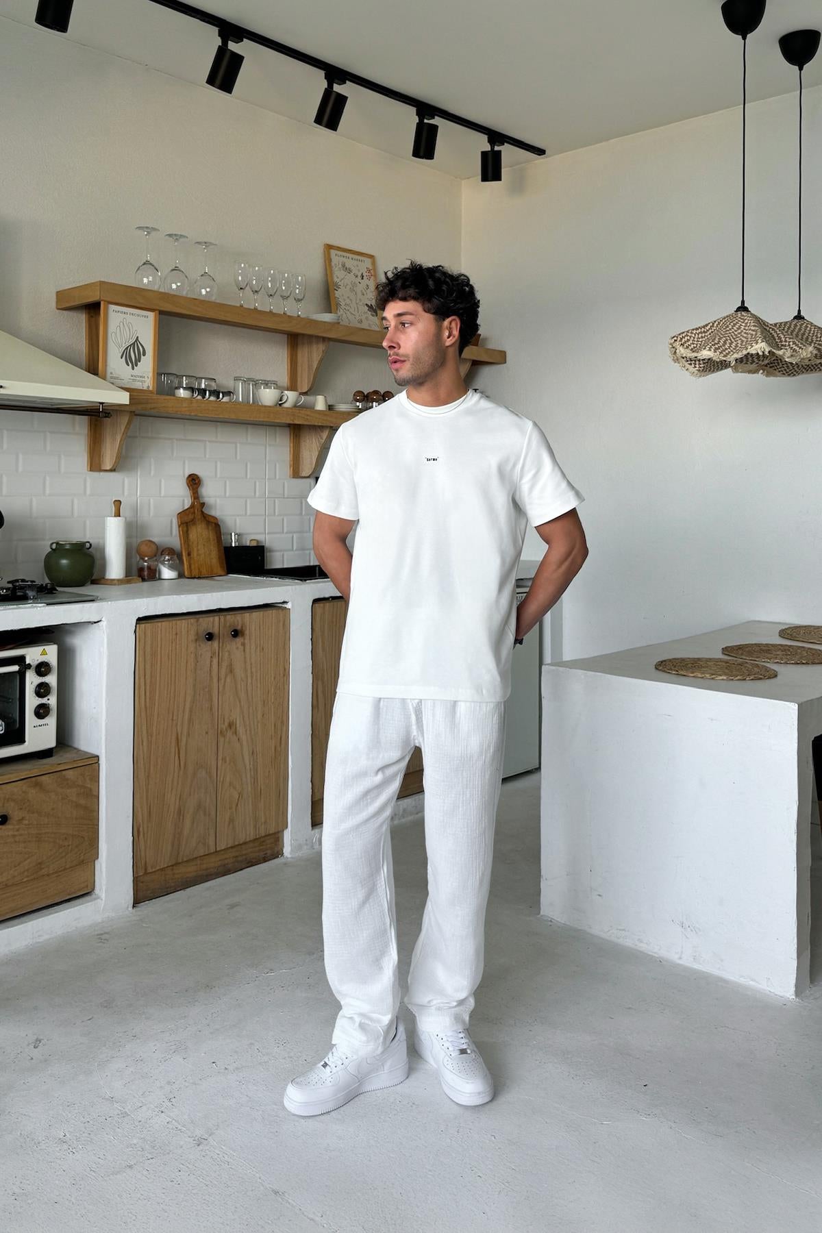 White Muslin Pants with Elastic Waistband