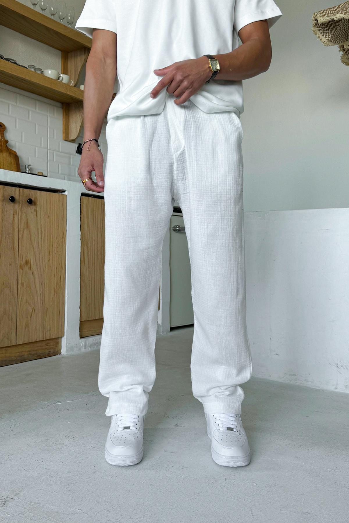 White Muslin Pants with Elastic Waistband